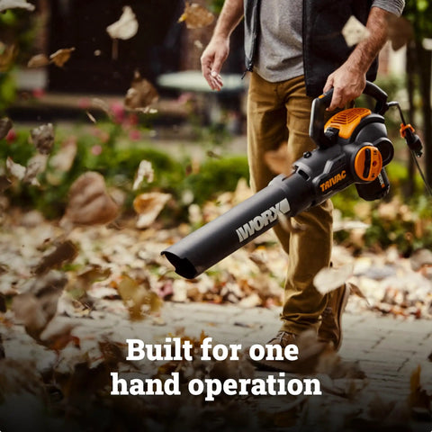 Person using 3 In 1 Leaf Blower Vacuum Mulcher With Metal Impeller for quick yard cleanup, 600 CFM airflow, and 16 to 1 mulch ratio