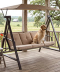 Khaki three seater outdoor swing with canopy and stand, heavy duty 600 lb capacity, all weather convertible swing bed with cushions on deck.