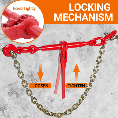 Heavy Duty Ratchet Chain Binders 2 Pack 9215 Lbs Working Load Limit Three Eighths To One Half Inch With G70 Hooks showcasing locking mechanism