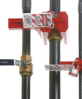 Red Ball Valve Lockout For One Half To Two And A Half Inch Pipe in use, securing valve with polypropylene body, industrial tagout gear.