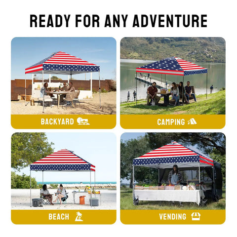 Four scenes showing a 10x10 Pop Up Canopy Tent with One Push Setup No Fuss Easy Outdoor Sun Shade for Events, American flag design.