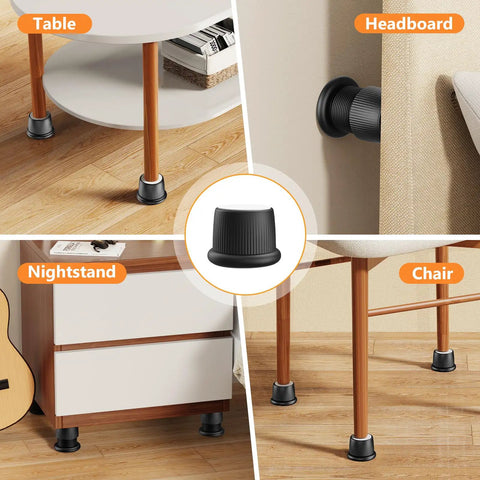 Kick Up Your Bedroom Sleeper Or Couch By 1.6 To 2.6 Inches With Smooth Stepless Thread Adjustment And Built Tough Non Slip Base Black Adjustable Furniture Risers on a table, chair, nightstand, and headboard.