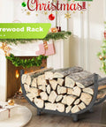 Heavy Duty 30 Inch Firewood Rack For Indoor And Outdoor Use, Rustproof Steel Log Holder with firewood next to Christmas decor.