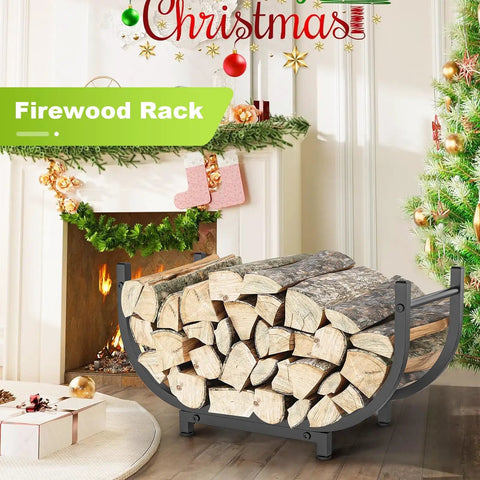 Heavy Duty 30 Inch Firewood Rack For Indoor And Outdoor Use, Rustproof Steel Log Holder with firewood next to Christmas decor.