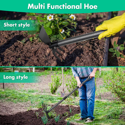 Two In One Garden Hoe And Cultivator With Adjustable 31 Inch Handle Carbon Steel Blade, showing short and long handle usage.