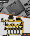 Wall Mount Power Tool Organizer Rack With Drill Holder And Tray Four Magnetic Hooks Two Shelves Pro Grade Heavy Duty Steel Cordless Tool Storage For Garage Black And Yellow holding tools.