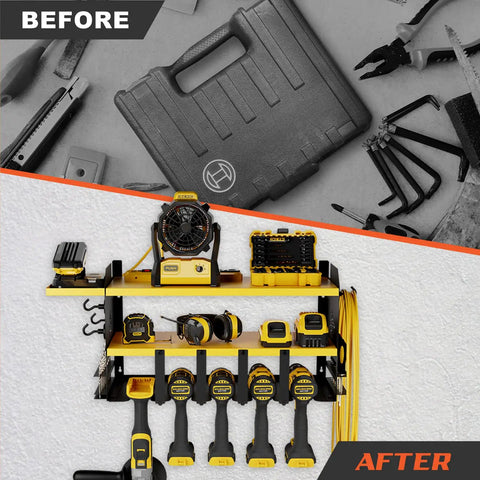 Wall Mount Power Tool Organizer Rack With Drill Holder And Tray Four Magnetic Hooks Two Shelves Pro Grade Heavy Duty Steel Cordless Tool Storage For Garage Black And Yellow holding tools.