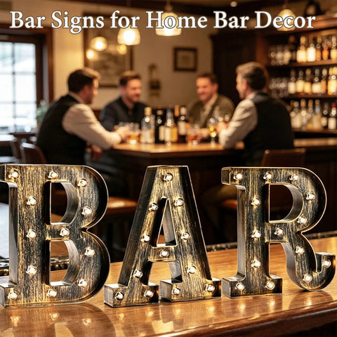 Light Up BAR Sign LED Marquee Letter For Home Bar And Party Decor, Vintage Style Illuminated Letter Lights on a bar counter