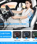 Chill Out Behind The Wheel With This Universal Fit Ventilated Car Seat Cover Packing Quick Three Speed Cooling Fans And Super Breezy Leather Mesh That Keeps You Crisp And Comfy All Summer Long, showing a woman using the seat cover with controls.