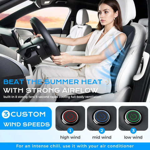 Chill Out Behind The Wheel With This Universal Fit Ventilated Car Seat Cover Packing Quick Three Speed Cooling Fans And Super Breezy Leather Mesh That Keeps You Crisp And Comfy All Summer Long, showing a woman using the seat cover with controls.