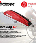 Red Aero Bag 10 with dimensions and features for cycling storage, lightweight and waterproof, shown with cyclist in background.