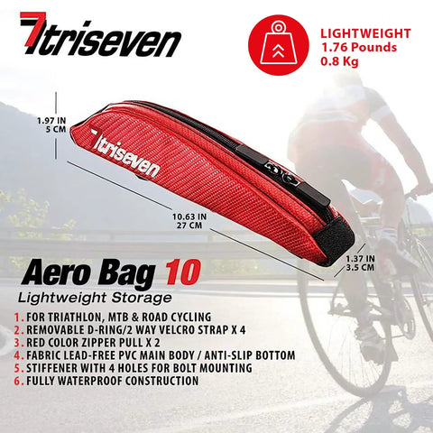 Red Aero Bag 10 with dimensions and features for cycling storage, lightweight and waterproof, shown with cyclist in background.