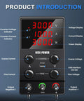 Front view of Pro Grade DC Power Supply 30V 10A Adjustable Switching Regulated Bench Lab Unit with 4-digit LED display