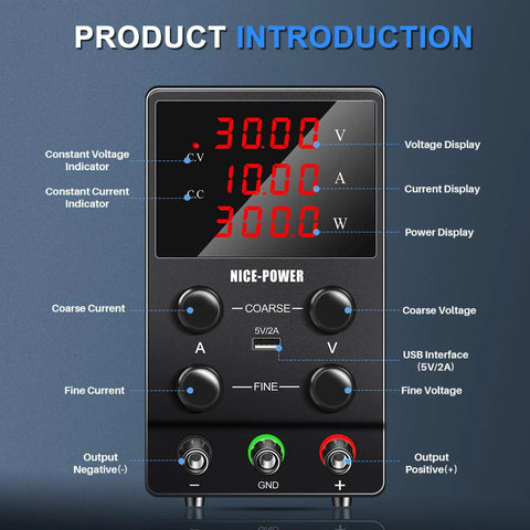 Front view of Pro Grade DC Power Supply 30V 10A Adjustable Switching Regulated Bench Lab Unit with 4-digit LED display