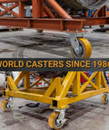Extra Heavy Duty Kingpinless Swivel Plate Casters With 8 Inch Polyurethane Over Iron Wheels Deliver 16000 Lbs Load Rating Four Pack Setup on industrial cart.