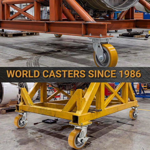 Extra Heavy Duty Kingpinless Swivel Plate Casters With 8 Inch Polyurethane Over Iron Wheels Deliver 16000 Lbs Load Rating Four Pack Setup on industrial cart.