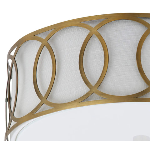 Lit 12.25-Inch Brass Gold 2-Light Sleek Modern Metal LED Flush Mount Ceiling Light with white linen drum shade detail