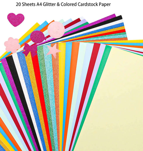 20 A4 glitter and colored cardstock sheets from Six Shape Hole Punch Set For Kids 1 Inch Shape Punches Flower Star Heart Butterfly Balloon Circle
