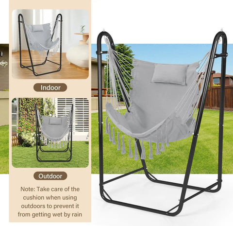 Heavy Duty U Shaped Hammock Chair With Stand Ready To Chill Rustproof Hanging Swing For Yard And Garden, light gray in indoor and outdoor settings.