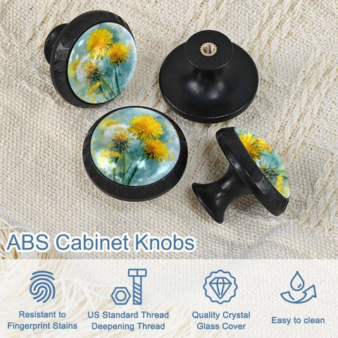 Yellow Dandelion Crystal Glass Cabinet Knobs And Drawer Pulls Super Sleek Furniture Hardware With Stainless Screws For Kitchen Cupboards Dressers 4 Pack on textured fabric background.