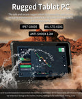 Rock Solid Rugged Tablet Running Windows 11 With IP67 Waterproof Body Packing A Bright 10 Inch Screen, Rocksteady 4G Lte Coverage, Plenty Of Storage, Long Battery Life And Hardened Ports Ready For Any Jobsite Adventure displayed in a rugged outdoor setting with water splashing.