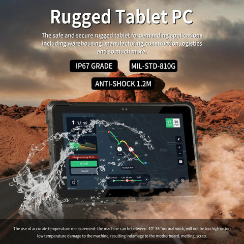 Rock Solid Rugged Tablet Running Windows 11 With IP67 Waterproof Body Packing A Bright 10 Inch Screen, Rocksteady 4G Lte Coverage, Plenty Of Storage, Long Battery Life And Hardened Ports Ready For Any Jobsite Adventure displayed in a rugged outdoor setting with water splashing.