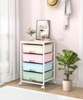 Front view of Rolling Storage Cart With Four Large Drawers And Wooden Top, Durable Powder-Coated Mobile Utility Cart On Wheels For Kitchen, Office, Garage, Or Craft Room Organization With Easy Access Storage, Rainbow Finish in a room setting
