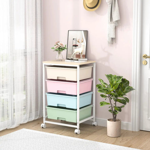 Front view of Rolling Storage Cart With Four Large Drawers And Wooden Top, Durable Powder-Coated Mobile Utility Cart On Wheels For Kitchen, Office, Garage, Or Craft Room Organization With Easy Access Storage, Rainbow Finish in a room setting