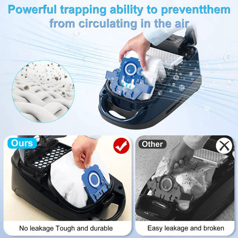 Upgraded 16 Pack 3D AirClean Dust Bags Replacement For GN Vacuum Cleaners in use, showing easy installation and strong dust trapping