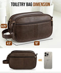 Top Tier PU Leather Toiletry Bag For Men In Dark Brown With Roomy Pockets dimensions showing 10 x 4.5 x 6.25 inches.