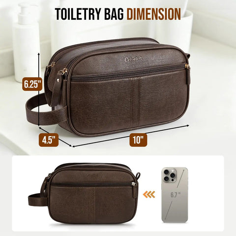 Top Tier PU Leather Toiletry Bag For Men In Dark Brown With Roomy Pockets dimensions showing 10 x 4.5 x 6.25 inches.