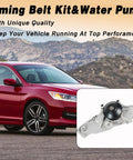 Serpentine Drive Timing Belt With Water Pump Kit Direct Fit For Honda Accord shown beside red car in scenic background