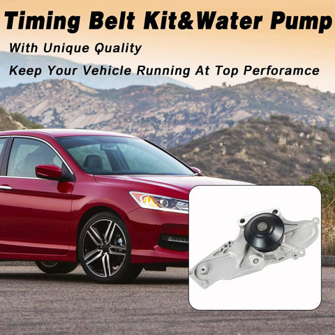Serpentine Drive Timing Belt With Water Pump Kit Direct Fit For Honda Accord shown beside red car in scenic background