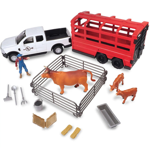 Totally Realistic Ranch Truck Playset With Lights And Sounds Cattle Trailer 18 Piece Farm Toy Set Articulated Animals Rancher Figure