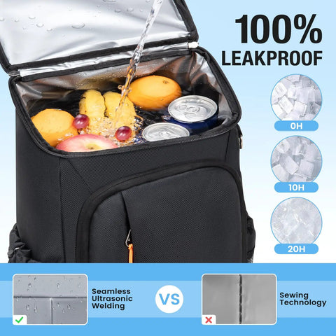 Insulated Cooler Backpack For 40 To 50 Cans Leakproof Lunch Tote For Men And Women with open compartment showing fruit and cans