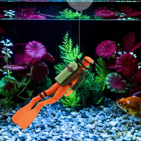 2 Pack Little Diver Floating Pendant Fish Tank Ornament for Creative Aquarium Decor with diver in orange suit near plants
