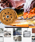 Diamond Grinding Wheel 4.5 Inch Double Row Segmented Cup Wheel For Concrete And Stone Surface Prep, Polishing And Removal, 18 Segments, 115mm, Fits Angle Grinders For Cement, Thinset, Granite, Marble in use on stone surface with sparks flying