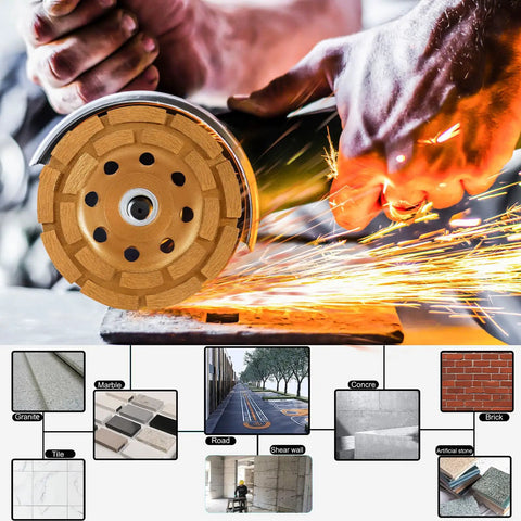 Diamond Grinding Wheel 4.5 Inch Double Row Segmented Cup Wheel For Concrete And Stone Surface Prep, Polishing And Removal, 18 Segments, 115mm, Fits Angle Grinders For Cement, Thinset, Granite, Marble in use on stone surface with sparks flying