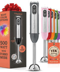 500 Watt Electric Hand Blender With Turbo Boost And Sharp Stainless Steel Blades For Smoothies Soups Purees And Baby Food Detachable Base Grey displayed with colorful options in packaging.