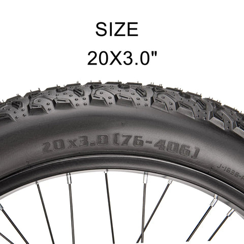 Close-up of a Puncture Resistant Fat Bike Tire Set With 20x3.0 size showing tread pattern for E Bikes and Mountain Bikes.
