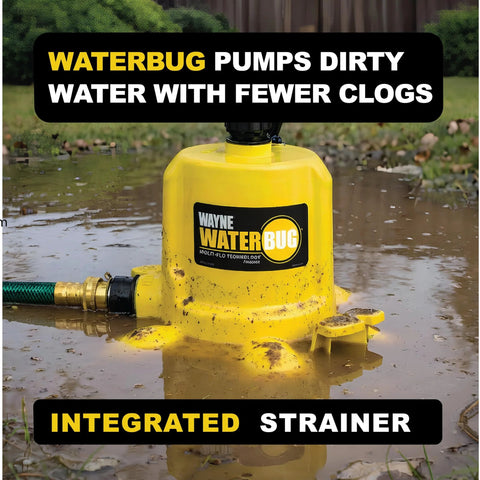 Front view of Wayne WaterBug yellow submersible pump with integrated strainer in muddy water.