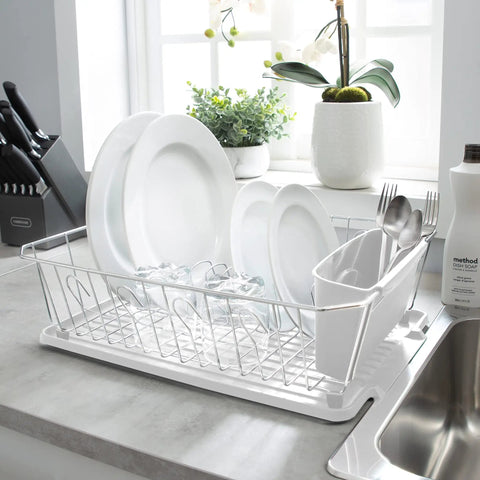 3 Piece Dish Rack Set With Cutlery Basket And Drainboard Tray Self Draining Open Wire Countertop Drying Rack In Chrome White
