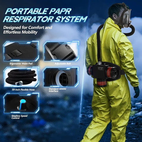 Person wearing High Efficiency PAPR Respirator System With 170 L Per Minute Adjustable Airflow For Welding Spray Painting And Chemical Work Portable Powered Air Purifying Respirator With 3x 40mm Gas Mask Filters And Large Air Volume, showing ergonomic waist pad and flexible hose.