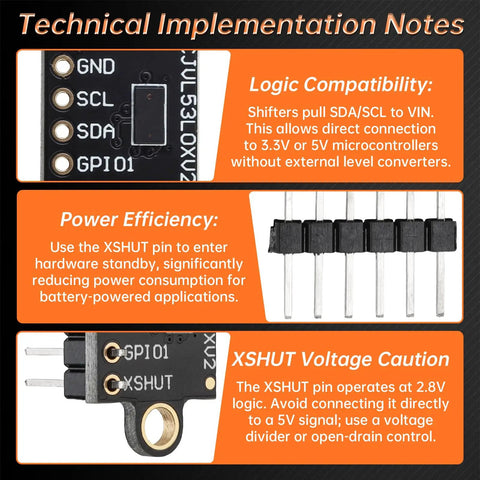 Four Pack VL53L0X Time Of Flight Laser Ranging Sensor Breakouts with technical notes and pin layout for Arduino GYVL53L0XV2.