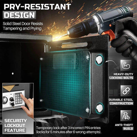Pry-resistant Drop Slot Money Safe Box With Digital Keypad Lock, heavy-duty construction and security features highlighted.