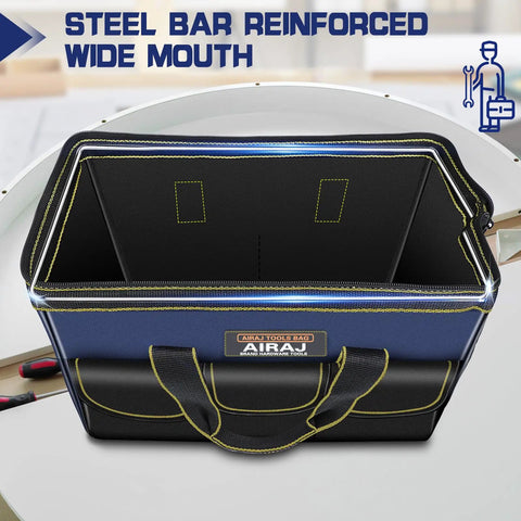 Two Pack Tool Bag Set 14 Inch And 16 Inch Portable Tool Bags With Wide Mouth And Multiple Pockets For Easy Tool Organization In Home Garage DIY Projects Pro Grade Durable Tote For Men And Women, steel bar reinforced wide mouth