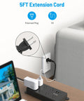2 Prong To 3 Prong Power Strip With 7 Widely Spaced Outlets And 3 USB Ports Including USB C 5 Foot Extension Cord Wall Mountable 1700J Surge Protector For Non Grounded Plugs Black in use on desk near wall socket