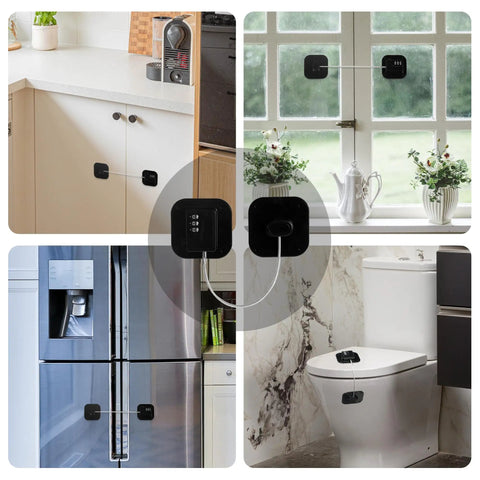 Boss Level Fridge Lock For Kitchen Cabinets And Pantry Drawers Heavy Duty Combo Padlock is shown installed on cabinets, windows, and fridge.