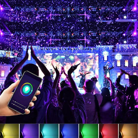 Onythral LED Flood Light showcased at a vibrant event with colorful lighting and audience using smart app control.