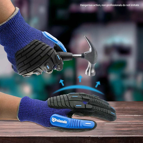 Cut Resistant Work Gloves With Power Grip For Men And Women ANSI A5 Impact Protection Heavy Duty HPPE Safety Gloves handling a hammer.